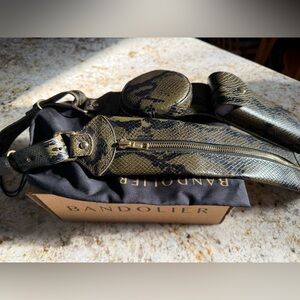 BANDOLIER “Jayden” Leather Utility Strap in Brown Snake and Gold, Like New